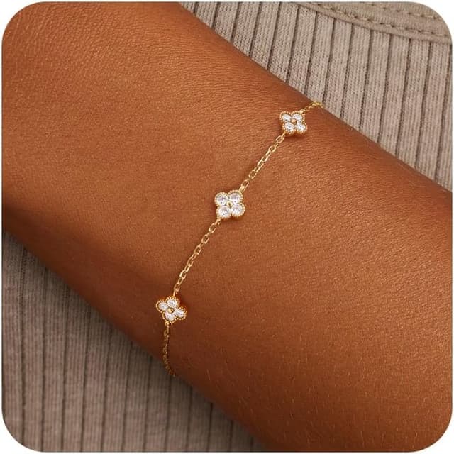 Detalle de ZHESHY Armband Damen Gold (14 Karat vergoldet) mit Kleeblatt & Zirkonia – verstellbare Armkette wasserfest