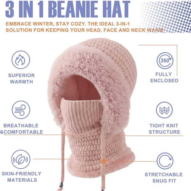 Detalle de DRESHOW Women’s winter balaclava knit beanie with drawstring hood scarf (3-in-1)