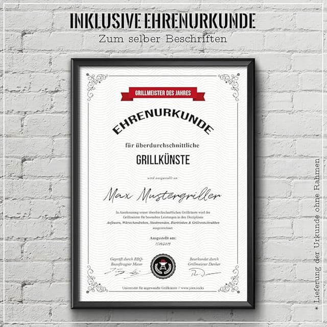 Detalle 2 de YORA Grillschürze für Männer „Bin am Grillen“ – Vatertagsgeschenk mit personalisierbarer Urkunde