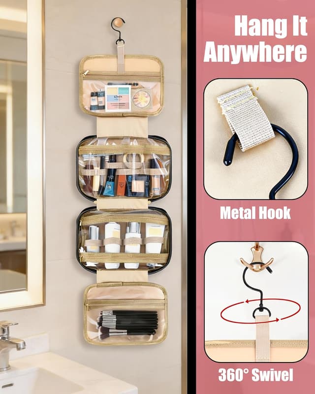 Detalle de FitDA Trousse de toilette femme de voyage suspendue noire avec 4 compartiments transparents