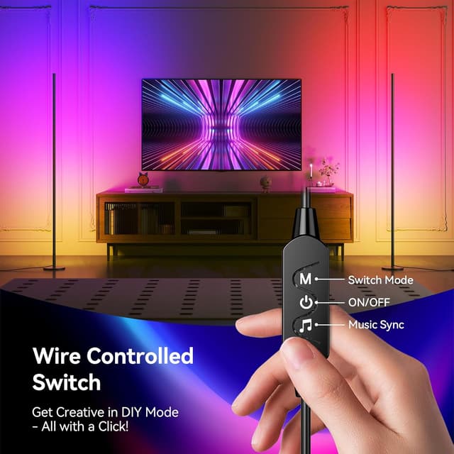 Detalle de YICAIZI Corner Floor Lamp – Smart RGB corner light with app, remote, music sync and timing, 160cm