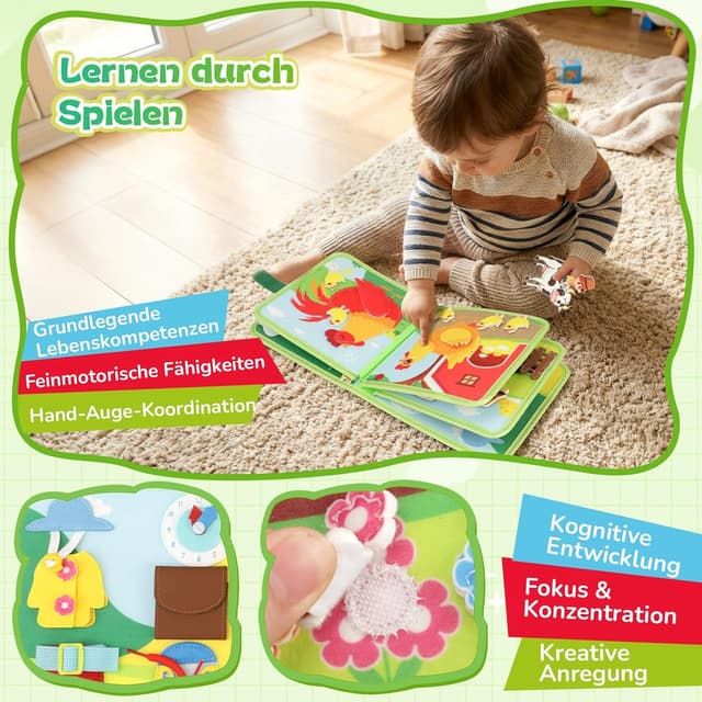 Detalle 2 de Kyteazr Busy Board Montessori Spielzeug ab 1 Jahr – 25-in-1 Quiet Book Bauernhof für unterwegs