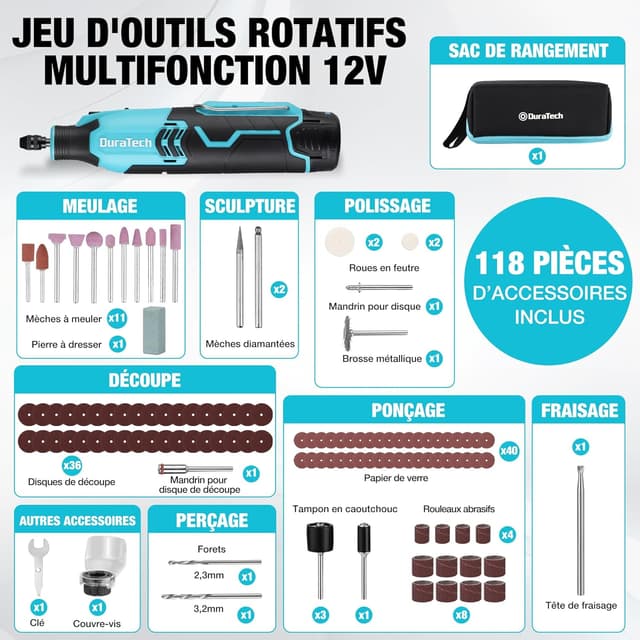 Detalle de DURATECH Outil rotatif multifonction sans fil 12 V (118 accessoires) — 7 vitesses variables 5000 à 35000 tr/min