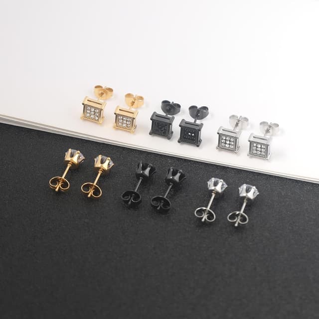 Thumbnail 6 de BVLAGIDA – Lot de 12 paires de boucles d’oreilles pour homme en acier inoxydable (clous, noir/argent/or)