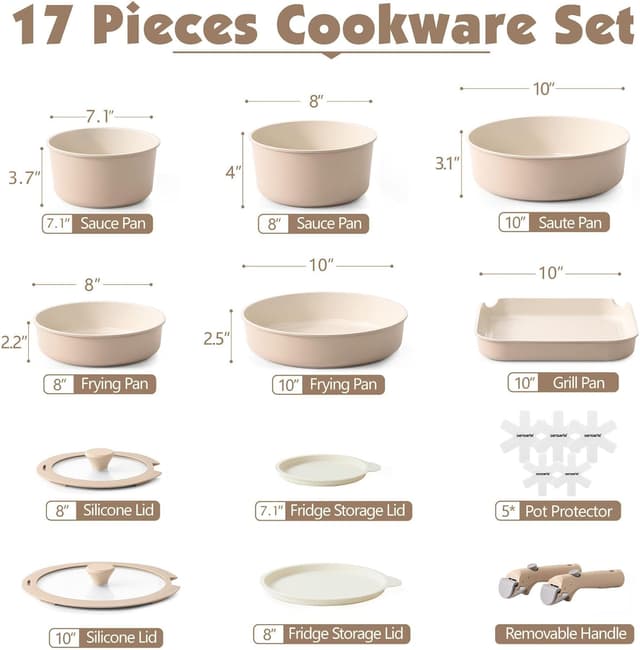 Detalle 2 de SENSARTE 17-piece ceramic nonstick cookware set with detachable handle (Almond Beige)