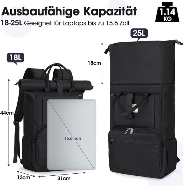 Detalle 2 de RAINSMORE Rolltop Rucksack 15,6 Zoll