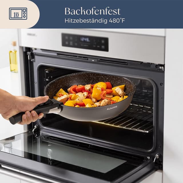 Detalle de Alajivo Pfannenset mit abnehmbaren Griffen, 7-teilig (20/24/28 cm) – für Induktion, antihaft, ofenfest