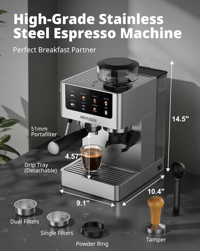 Thumbnail 6 de Airlmsen Bean to Cup Coffee Machine with Grinder & Milk Frother (20 bar) for home