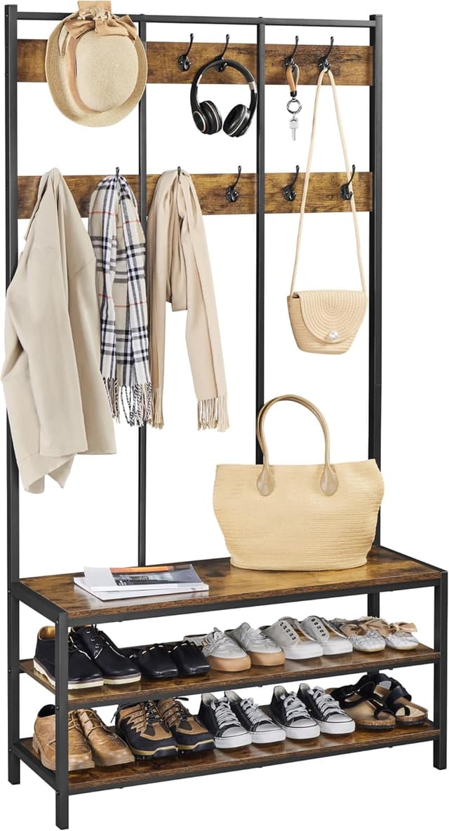 Detalle de Yaheetech Stand appendiabiti con panca e scarpiera 12 ganci