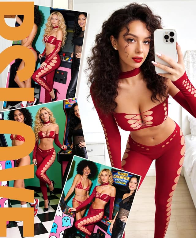 Detalle 2 de RSLOVE Women’s Mesh Fishnet Bodysuit 2-Piece Nightwear Set