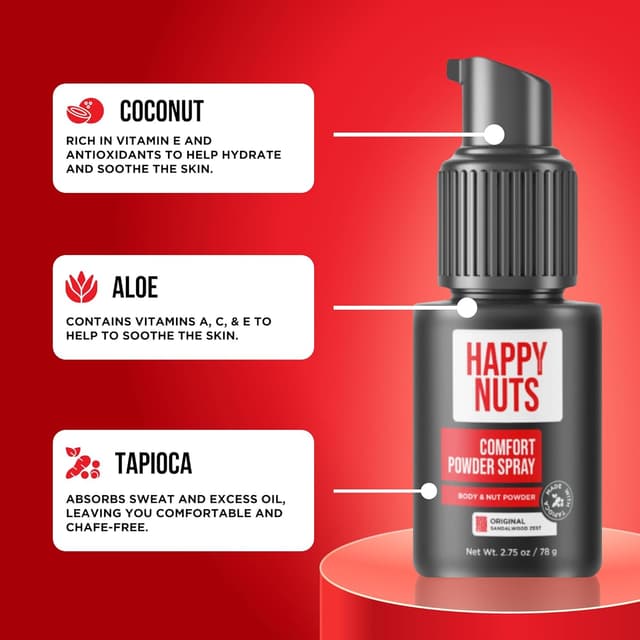 Detalle de HAPPY NUTS Comfort Powder Spray (Talc-Free) for Anti Chafing & Men’s Deodorant, Aluminum-Free