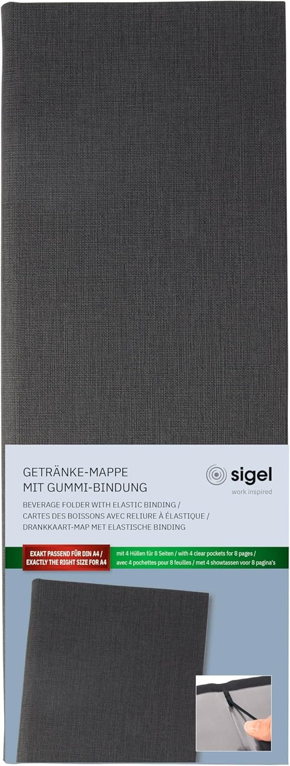 Detalle de SIGEL GM101 Getränkemappe im Barformat (1/2 A4) mit Gummi-Bindung – anthrazit mit Leinenstruktur