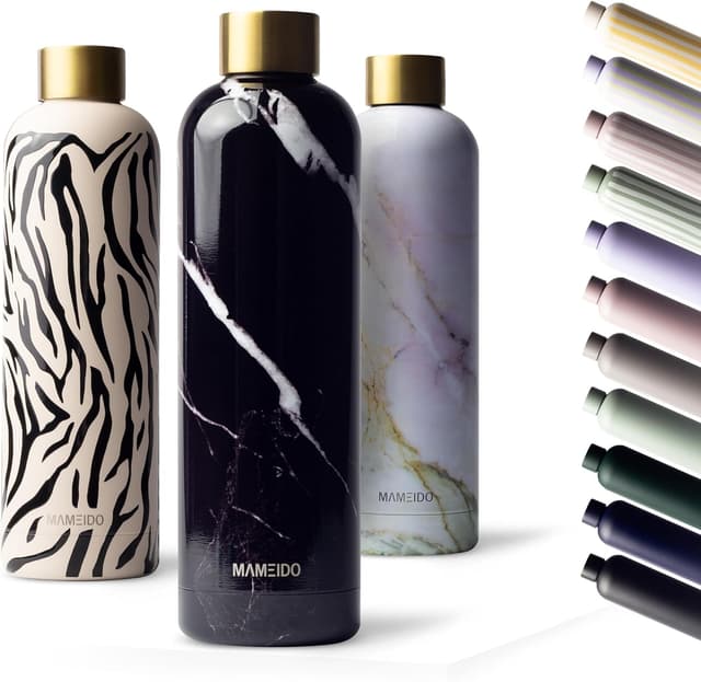 Detalle de MAMEIDO Thermosflasche 1 l – auslaufsichere Edelstahl-Trinkflasche, kohlesäuregeeignet, BPA-frei (Black Marble Gold)