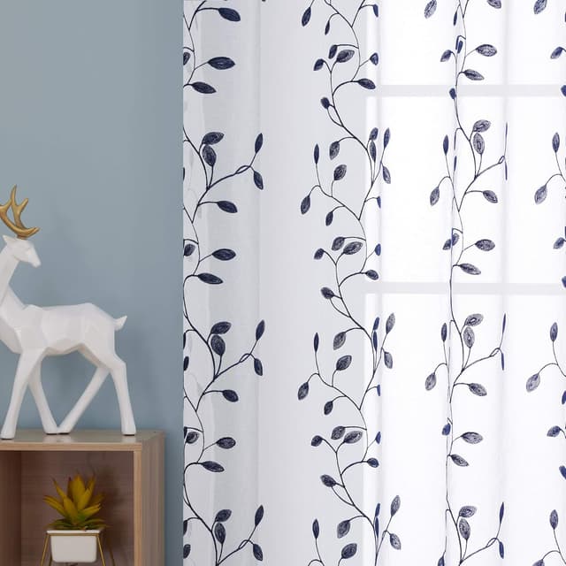 Detalle de Deconovo eyelet faux linen voile net curtains in navy blue (55 x 54 drop) – 1 pair