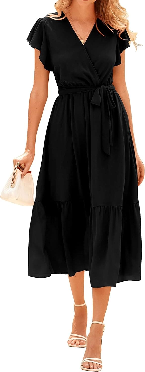 Detalle de BTFBM Women’s Bohemian Floral Wrap V-Neck Ruffle Cap Sleeve Midi Sun Dress (White)