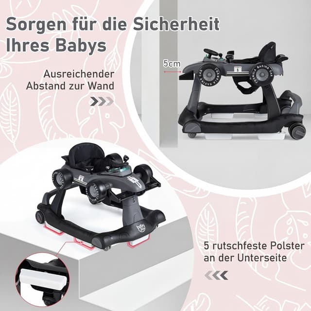 Detalle 2 de COSTWAY 4-in-1 Lauflernhilfe (dunkelgrau) mit klappbarem Lauflernwagen, Musikbox, Licht & Rädern – für ca. ab 6 Monaten, bis 12 kg