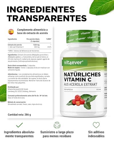 Detalle 1 de Vitamina C Acerola Natural Vegana de Alta Dosificación 🍒