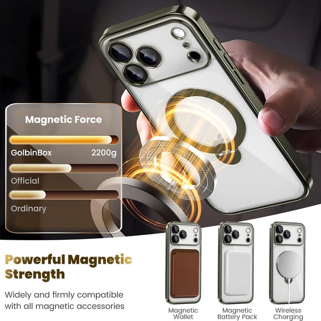 Detalle de GolbinBox for iPhone 17 Pro Max Case with 360° Spin Magnetic Stand (MagSafe Compatible) — Titanium Gray/Clear