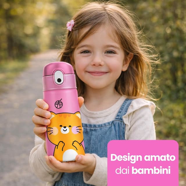 Detalle de Cartomania borraccia termica chill & refill 460 ml con cannuccia anti-rovescio, tema gattino rosa