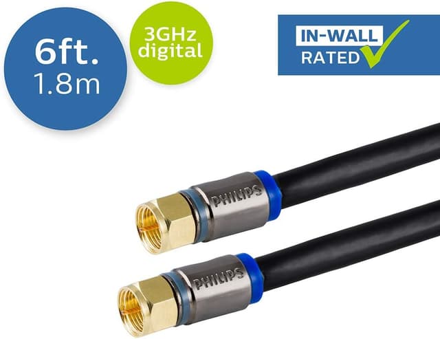 Detalle 2 de Philips RG6 Quad Shield Coaxial Cable (SWX9444B/27) — 6 ft In-Wall Rated, F-Type Connectors, Black