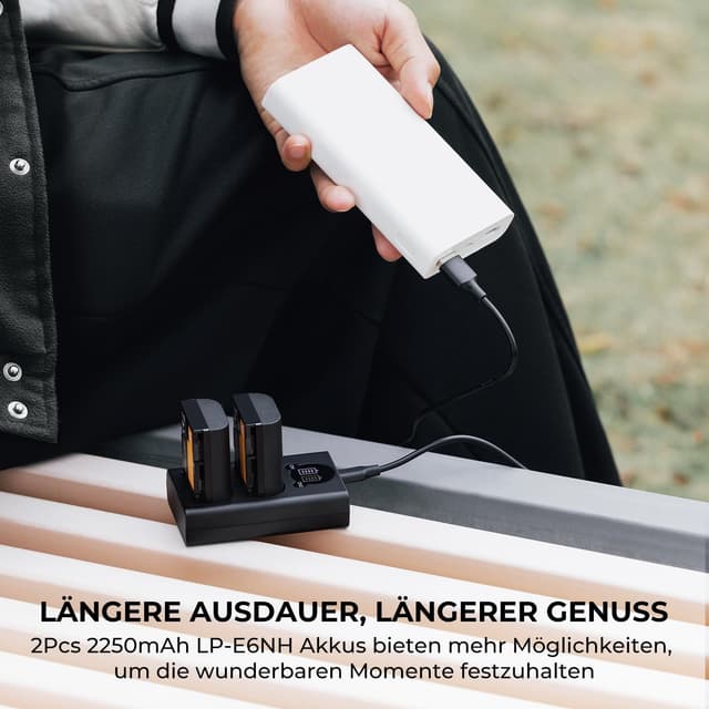 Detalle de K&F CONCEPT LP‑E6NH Kameraakkus (2250 mAh) + USB‑Doppelladegerät Set, 2er Pack für Canon EOS