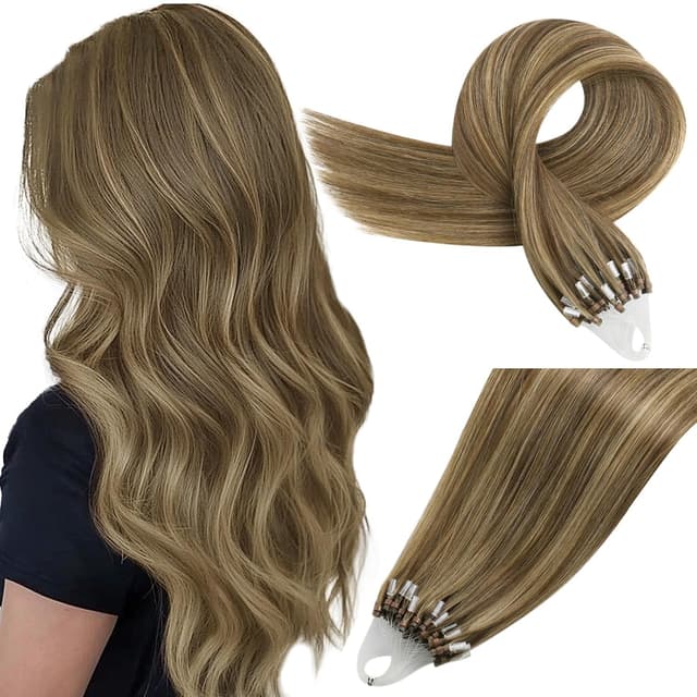 Detalle de Easyouth Microring Echthaar-Extensions #P4/27 (Honigblond- / Gelbblond-Highlights) 40 cm, 50 g