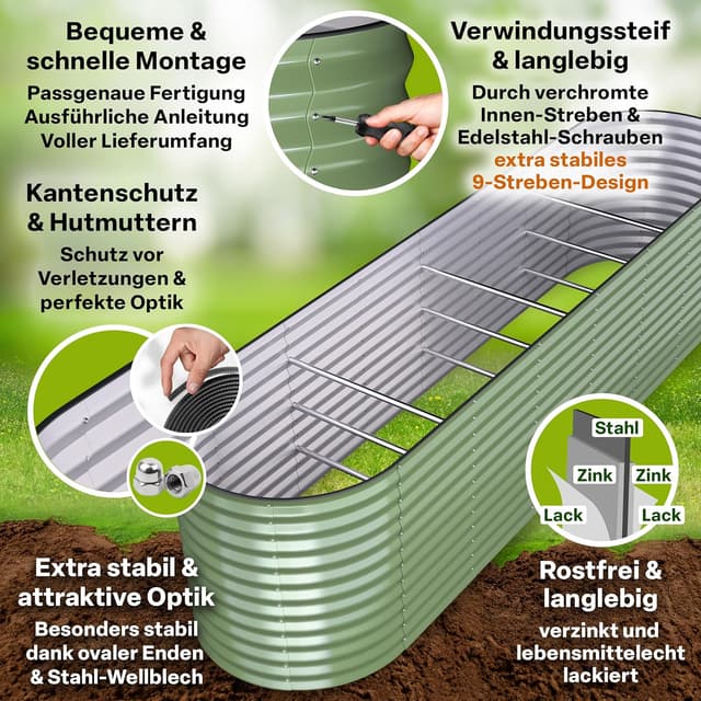 Detalle de TTL GARDEN Nature XL Metall-Hochbeet 320 x 80 x 80 cm (salbei-grün) aus verzinktem & lackiertem Stahl