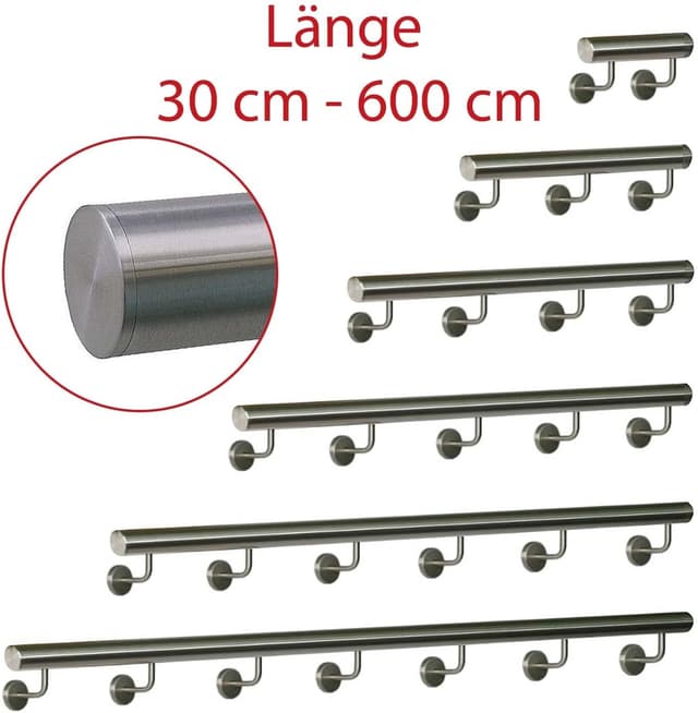 Detalle de Edelstahl-Handlauf TIBU Ø 42,4 mm, 380 cm – mit gerader Endkappe und 4 gewinkelten Haltern