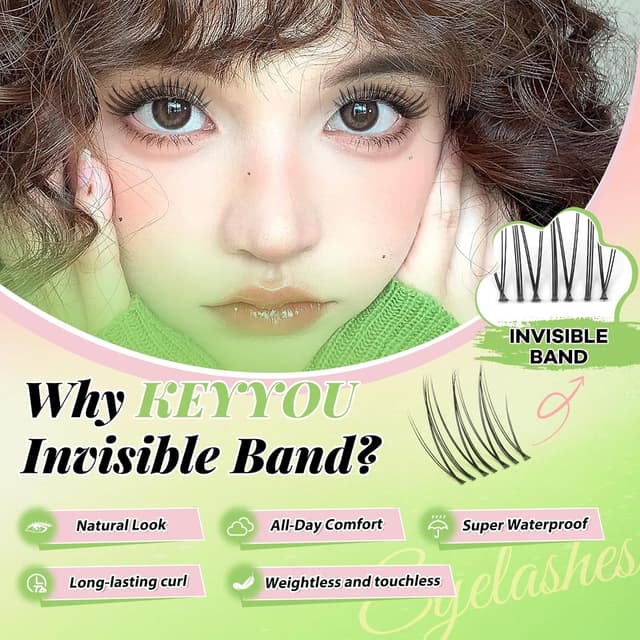 Detalle de KEYYOU Aurora Lash Clusters Kit (Fairy Lash, C Curl) — 120-Piece Invisible Band Wispy Extension Set for DIY
