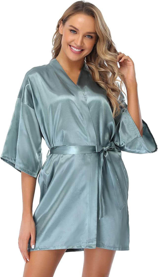 Detalle 2 de Vlazom peignoir femme en satin col V avec ceinture ajustable