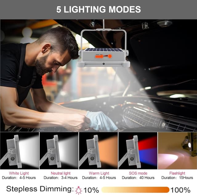 Detalle 2 de Projecteur LED rechargeable JINABLOSSY 150W portable avec panneau solaire et 5 modes d’éclairage (IP65)