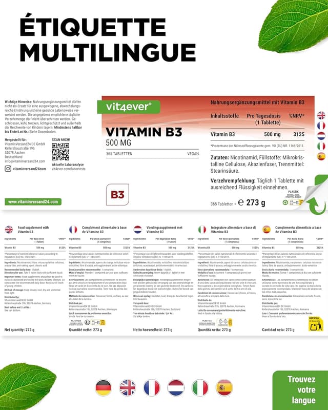 Detalle de Vit4ever Vitamine B3 (Niacine) 500 mg – Nicotinamide flush-free – 365 comprimés