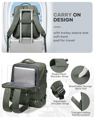 Detalle 2 de BJLFS Mochila de cabina 40x30x20 para avión (Ryanair/Wizz Air/Vueling), portátil 17” y bolsillo seco-húmedo - Verde