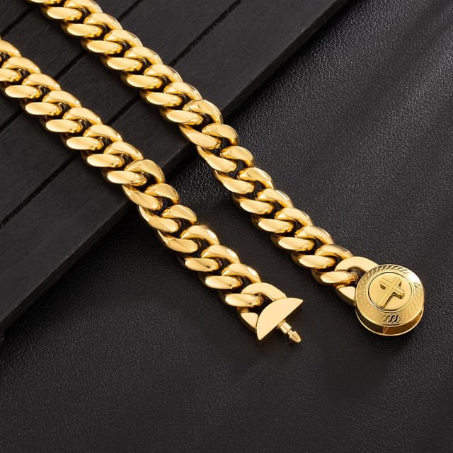 Detalle de KRKC&CO 12mm Herren Panzerkette mit Löwe Kopf/Totenkopf-Verschluss – 18K Gold plattiert Cuban Link, Edelstahl (Miami Kubanische Kette)