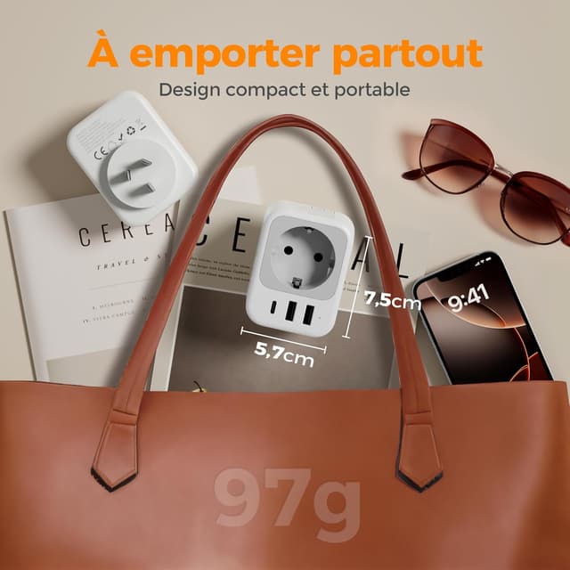 Detalle 2 de TESSAN Adaptateur prise Australie/Chine vers France avec 1 USB-C et 2 USB-A (2500 W max)