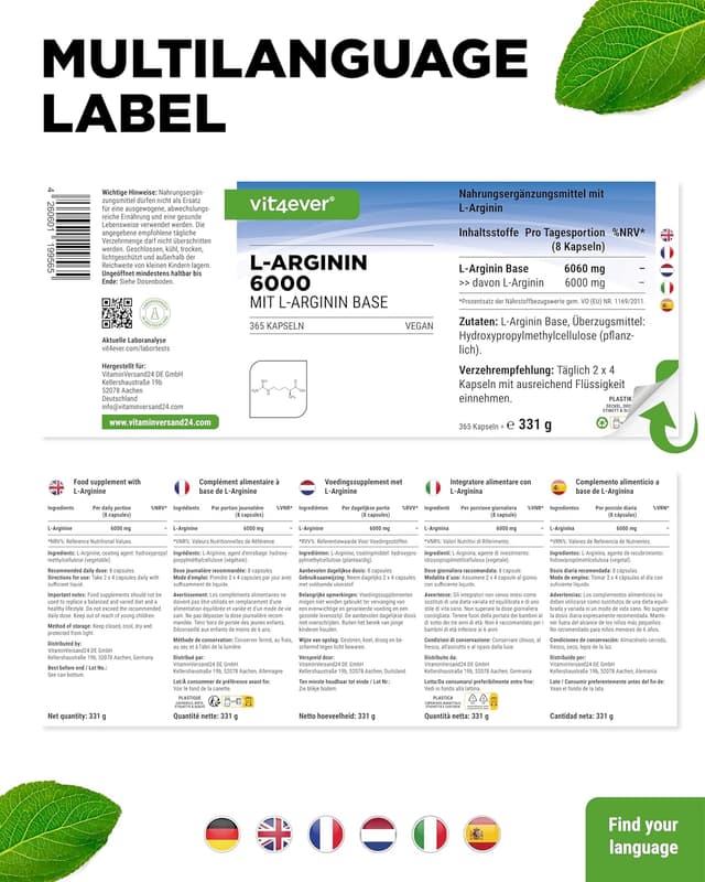 Detalle de vit4ever L-Arginin 6000 mg – 365 Kapseln (reines L-Arginin Base, vegan)