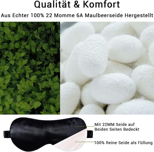 Detalle de LaCourse 22 Momme Schlafmaske aus 100% Maulbeerseide (Schwarz) – komplett verdunkelnd & bequem