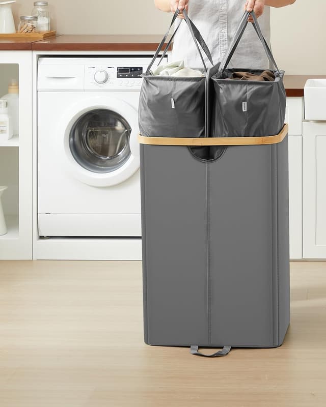 Detalle 2 de SONGMICS LCB523G01 cesto portabiancheria a 2 scomparti da 150 L con coperchio e sacchi interni rimovibili