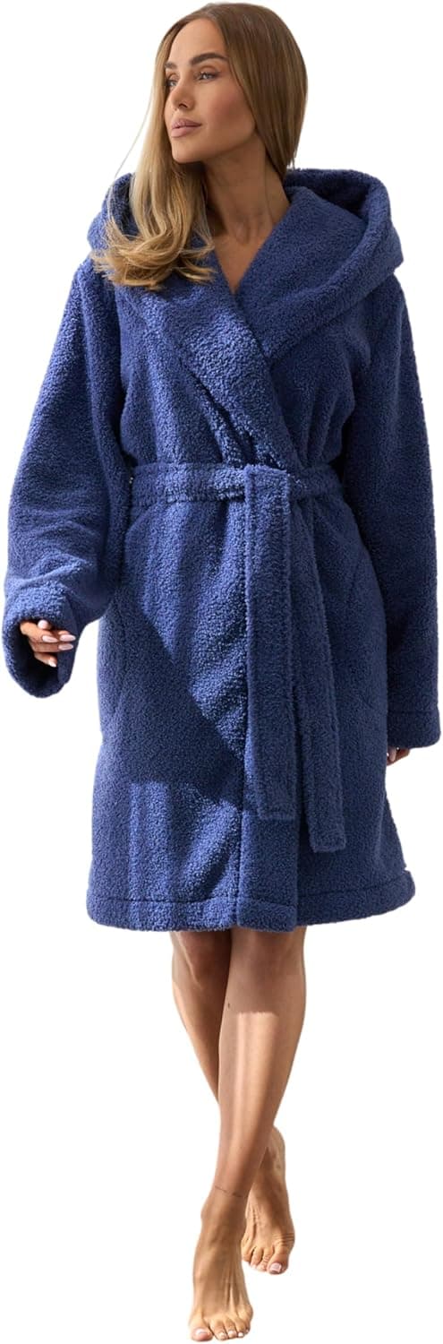 Detalle de L&L Bademantel Damen kurz mit Kapuze – weicher Morgenmantel aus 100% Polyester mit Gürtel