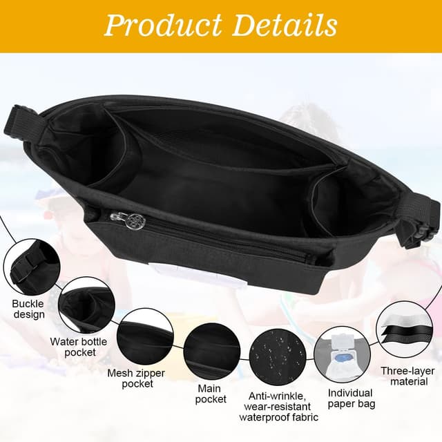Detalle de Vicloon Universal Kinderwagen-Organizer mit Feuchttücherspender (Polyester, wasserdicht) – Schwarz
