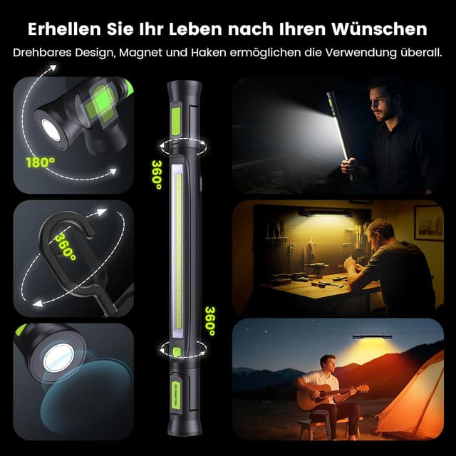 Detalle de Arbeitsleuchte 3000LM – Werkstattlampe LED mit Magnet & Haken, 3 Farbtemperaturmodi, USB‑C Schnellladen (5200 mAh) – Black