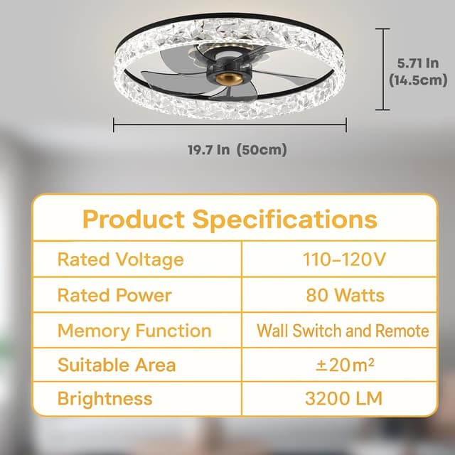 Detalle de FSZDORJ 20" Flush Mount Ceiling Fan with Light (Black) — App + Remote, Dimmable LED, Quiet DC Motor