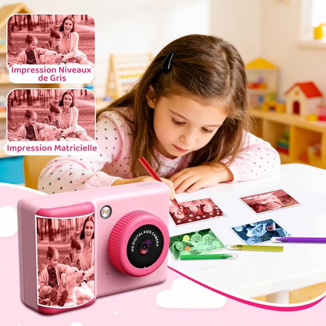 Detalle de CHAKEYAKE Appareil photo instantané enfant 20MP, écran 2,4 pouces et impression couleur (rose)