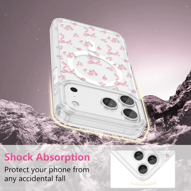 Detalle de ZTOFERA magnetische Handyhülle für iPhone 17 Pro Max (6,9 Zoll) – transparentes TPU mit Schleifen- & Blumenmuster, rosa Blume