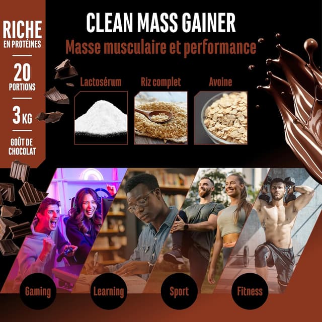 Detalle de Clean Weight Gainer 3 kg (chocolat) – gainer végétarien avec glucides complexes