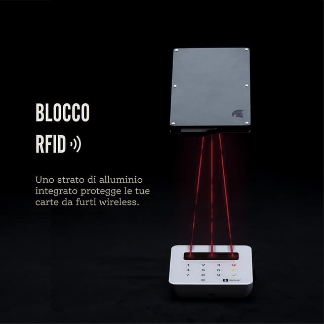 Detalle de POWR RFID: porta carte uomo slim in metallo con blocco RFID e sistema di espulsione rapida