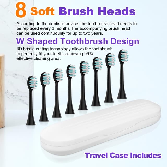Detalle 2 de Acelike Whitening Electric Toothbrush (Black) — Rechargeable Sonic Brush with 8 Heads, 5 Modes, Smart Timer, IPX7