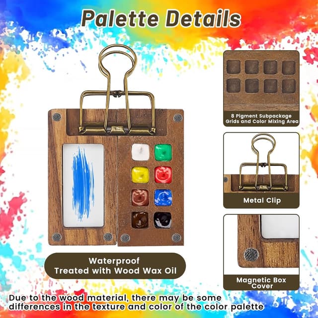 Detalle de 5 Pcs Portable Watercolor Palette (8 grids) travel watercolour set with foldable wooden lid and sketchbook