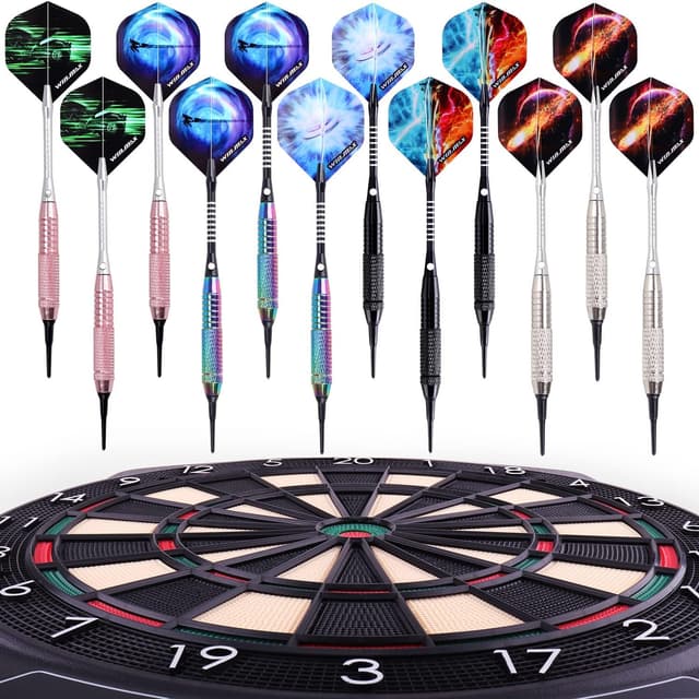 Detalle de Win.Max Dartpfeile mit Kunststoffspitze für elektronische Dartscheibe – Soft Darts Set (12 Stück, 18 g)