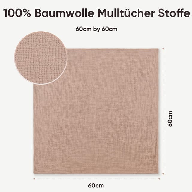 Detalle de Bearmoss Moltontücher Baby-Spucktücher aus 100% Baumwolle, Musselin Set (6er, 60×60 cm) – Rosa-Druck
